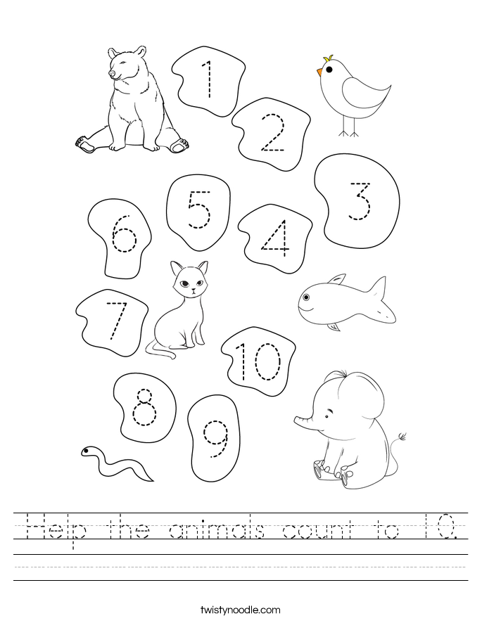 Help the animals count to 10. Worksheet