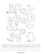 Help the animals count to 10 Handwriting Sheet
