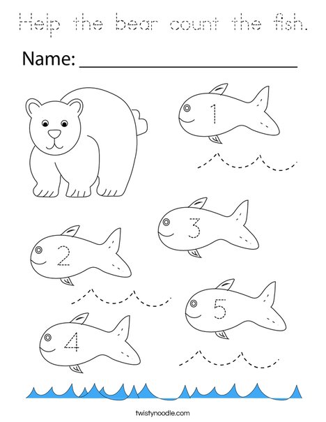 Help the bear count the fish. Coloring Page