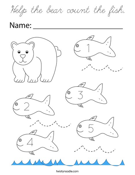 Help the bear count the fish. Coloring Page