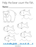 Help the bear count the fish Coloring Page