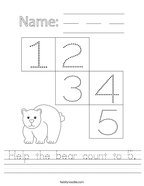 Help the bear count to 5 Handwriting Sheet