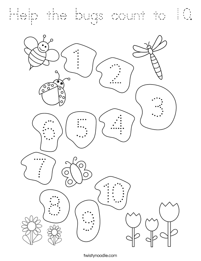 Help the bugs count to 10. Coloring Page