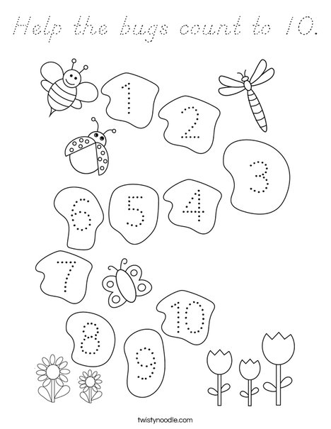 Help the bugs count to 10. Coloring Page