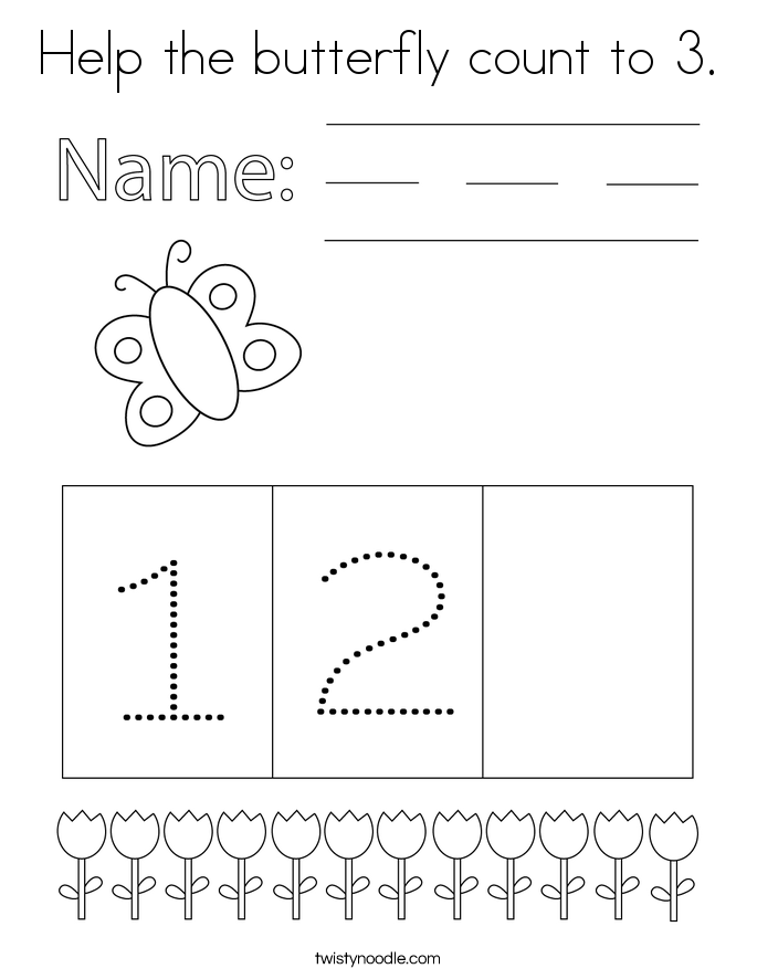 Help the butterfly count to 3. Coloring Page