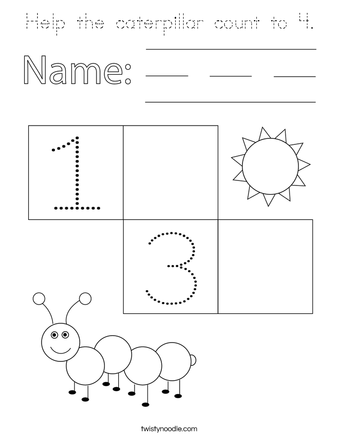 Help the caterpillar count to 4. Coloring Page