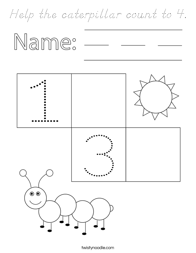 Help the caterpillar count to 4. Coloring Page
