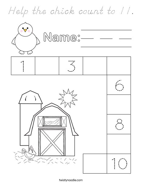 Help the chick count to 11. Coloring Page