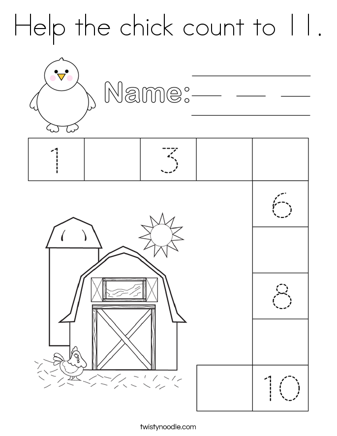 Help the chick count to 11. Coloring Page