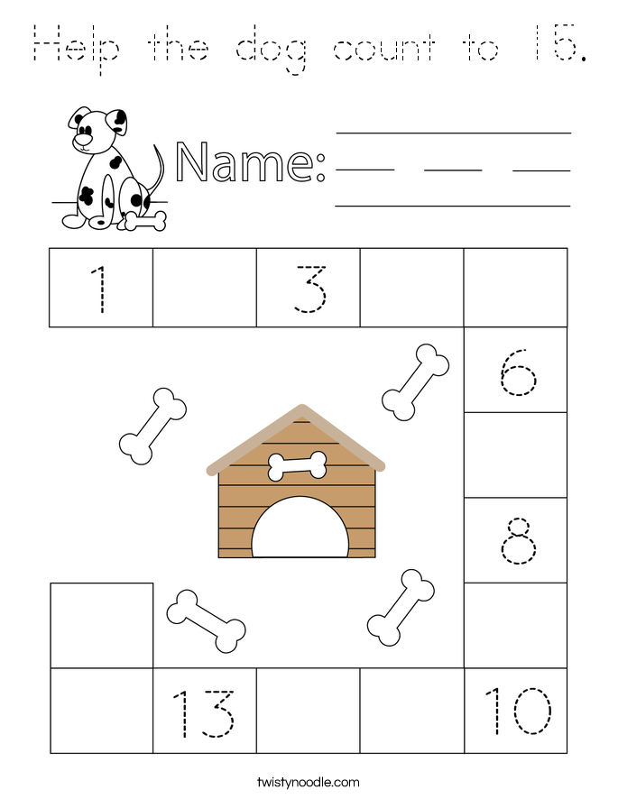Help the dog count to 15. Coloring Page