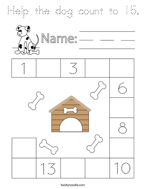 Help the dog count to 15. Coloring Page