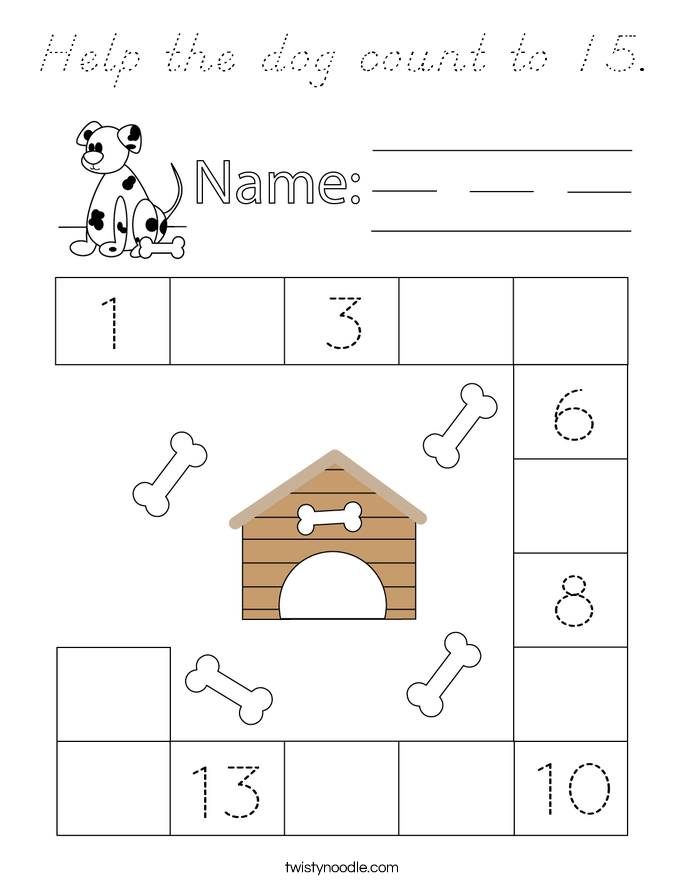 Help the dog count to 15. Coloring Page