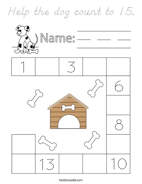 Help the dog count to 15. Coloring Page