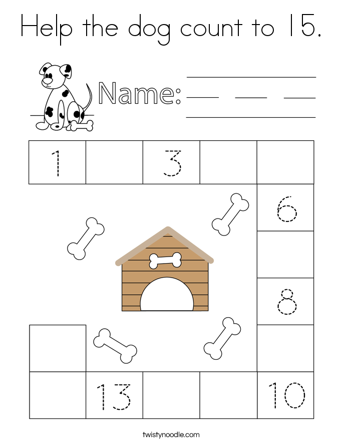 Help the dog count to 15. Coloring Page