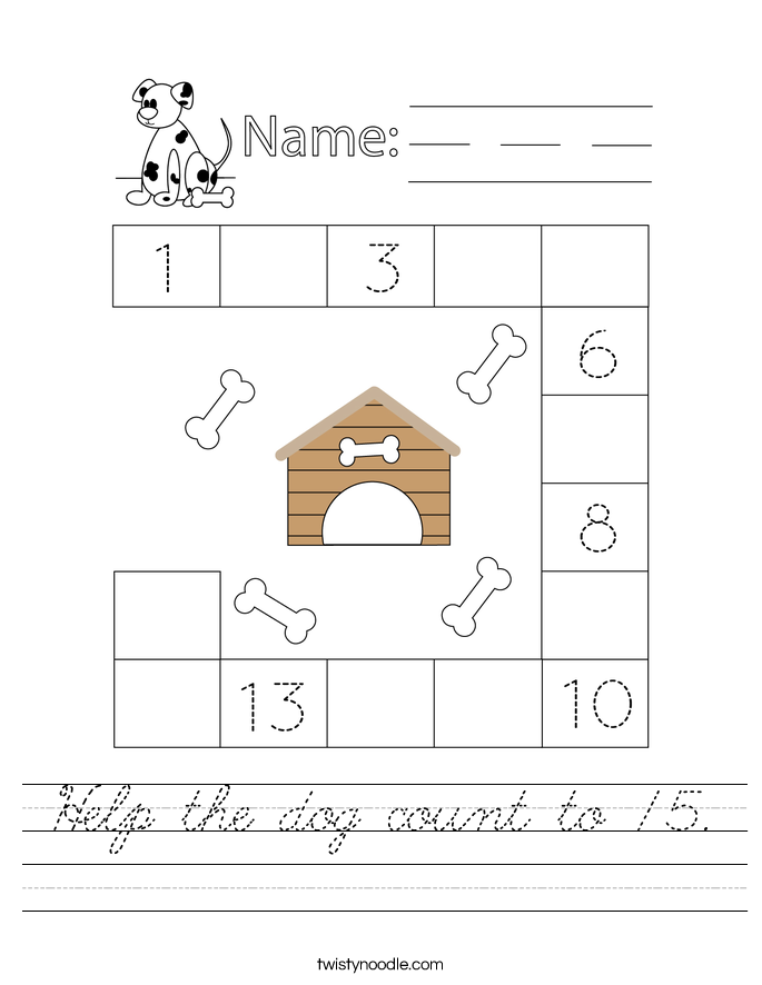 Help the dog count to 15. Worksheet
