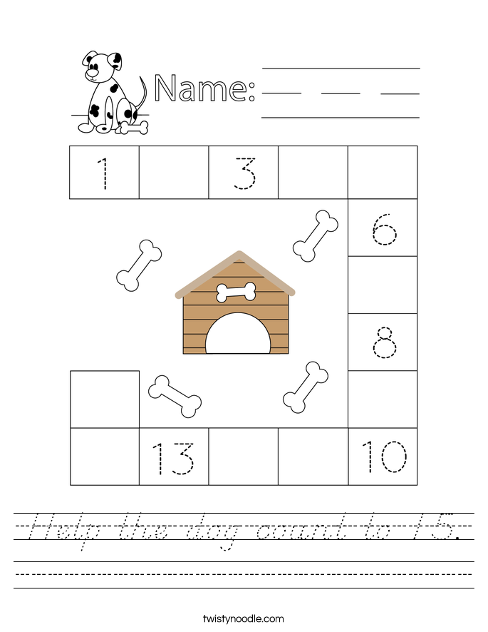 Help the dog count to 15. Worksheet