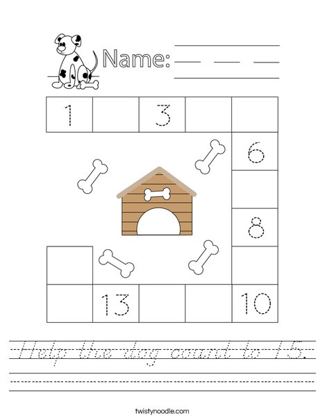 Help the dog count to 15. Worksheet