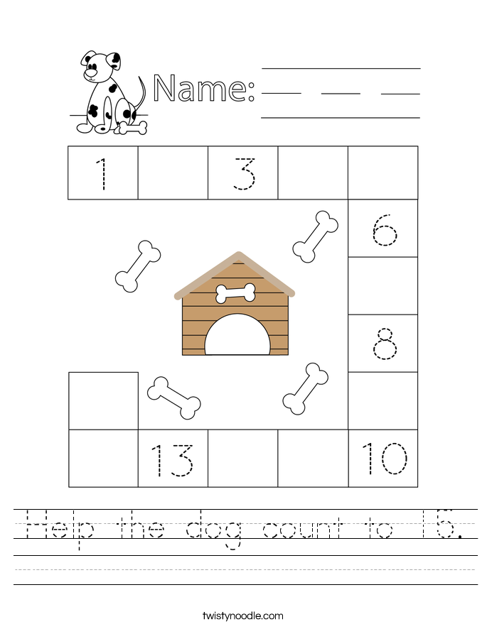 Help the dog count to 15. Worksheet