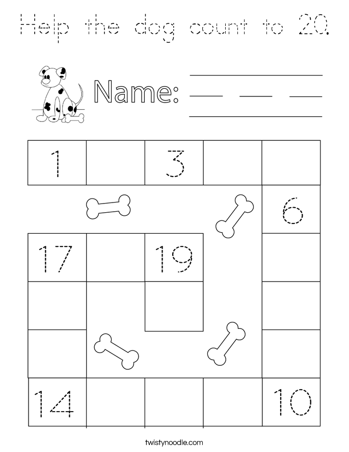 Help the dog count to 20. Coloring Page