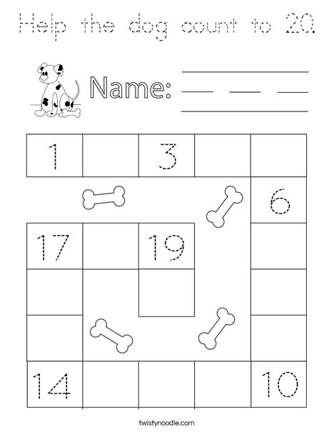 Help the Dog Count to 20. Coloring Page