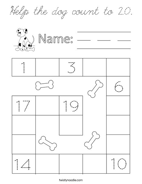Help the Dog Count to 20. Coloring Page
