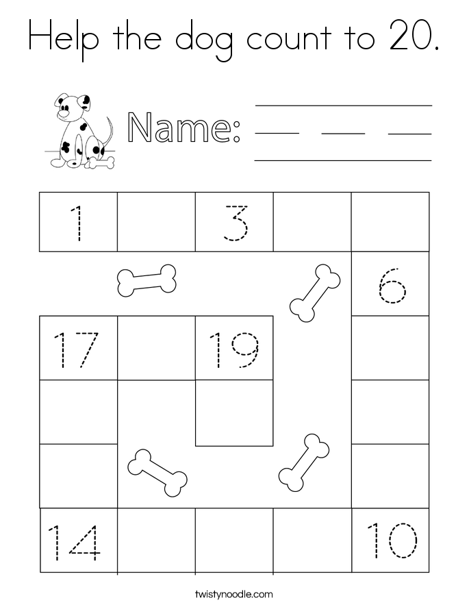 Help the dog count to 20. Coloring Page