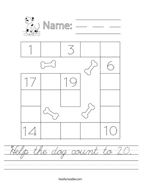 Help the Dog Count to 20. Worksheet