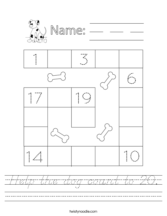 Help the dog count to 20. Worksheet