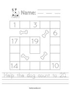 Help the dog count to 20 Handwriting Sheet