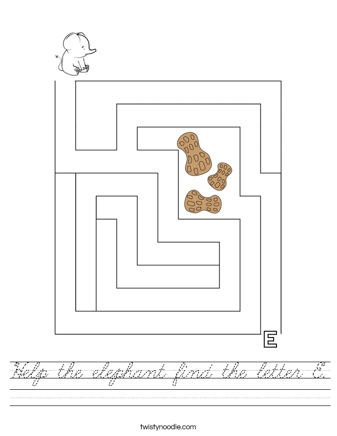 Help the elephant find the letter E. Worksheet