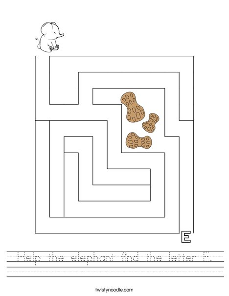 Help the elephant find the letter E. Worksheet