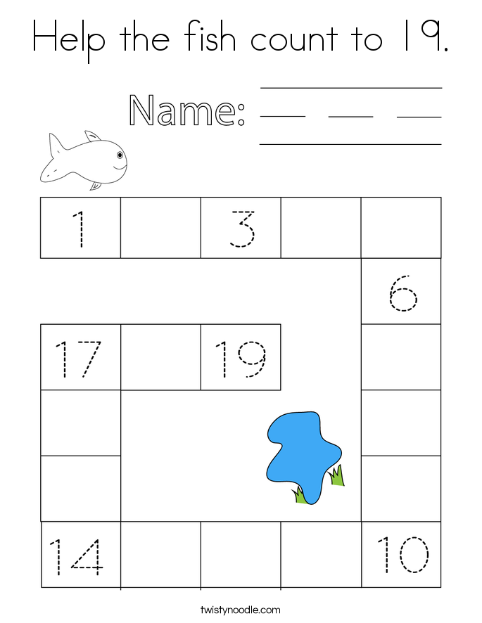 Help the fish count to 19. Coloring Page