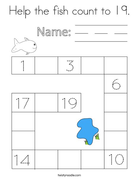 Help the fish count to 19. Coloring Page