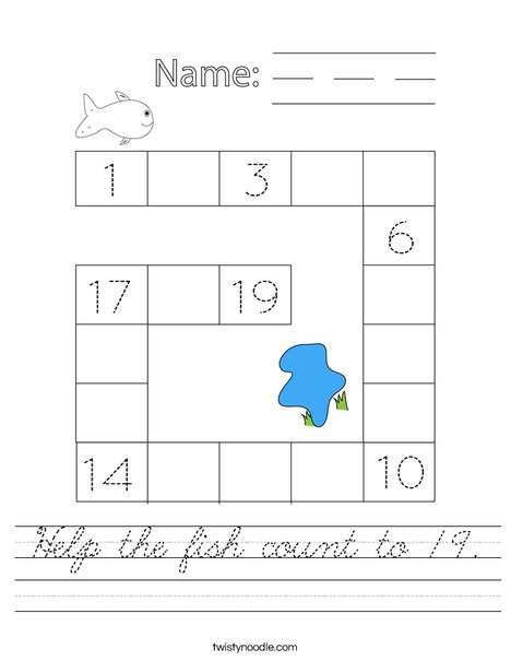 Help the fish count to 19. Worksheet