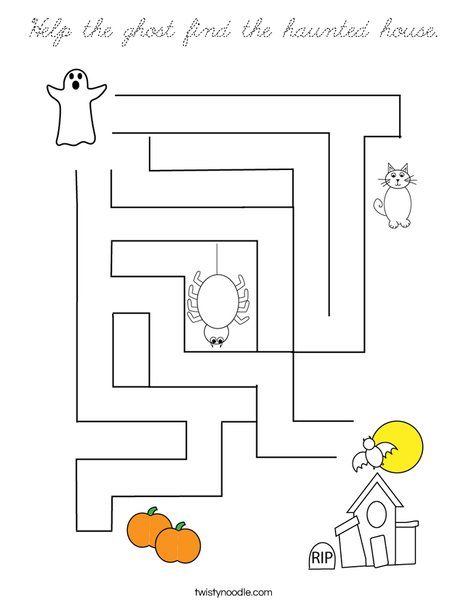 Help the ghost find the haunted House. Coloring Page