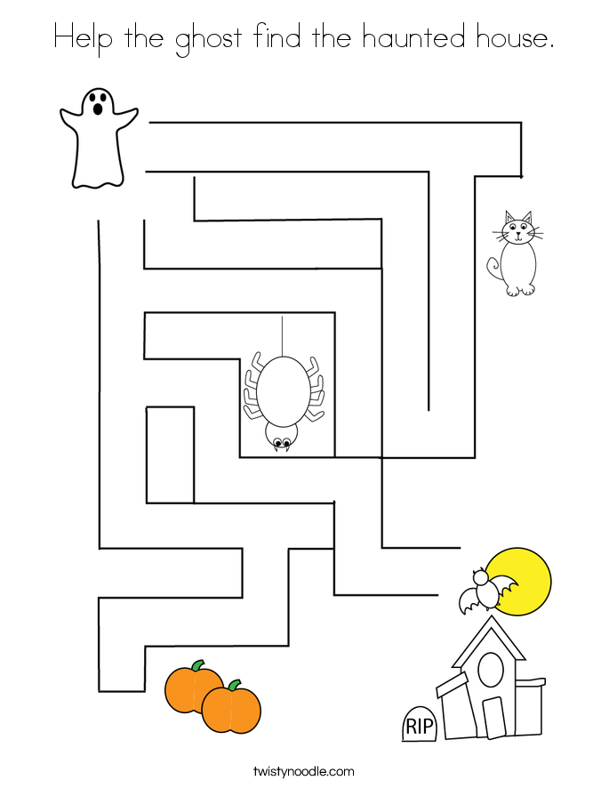 Help the ghost find the haunted house. Coloring Page