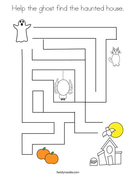 Help the ghost find the haunted House. Coloring Page