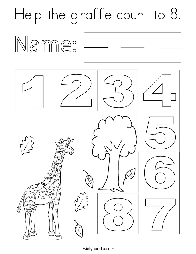 Help the giraffe count to 8. Coloring Page