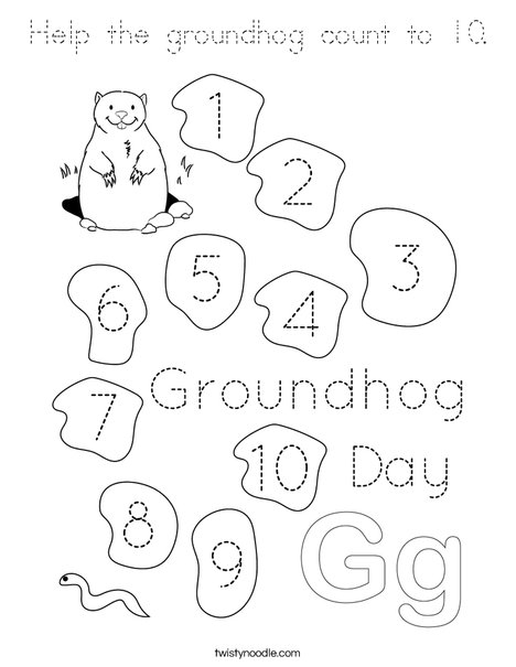 Help the groundhog count to 10. Coloring Page