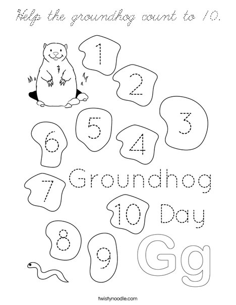 Help the groundhog count to 10. Coloring Page