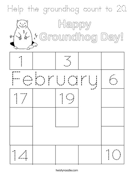 Help the groundhog count to 20. Coloring Page
