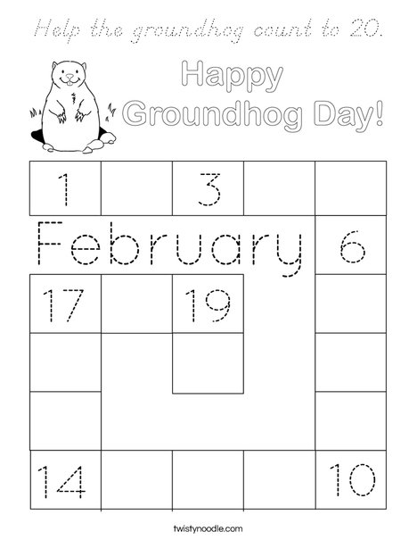 Help the groundhog count to 20. Coloring Page