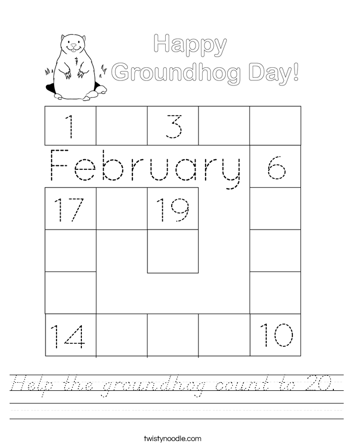 Help the groundhog count to 20. Worksheet
