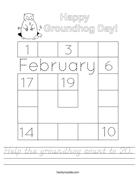 Help the groundhog count to 20. Worksheet