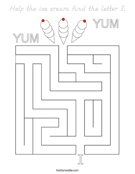 Help the ice cream find the letter I. Coloring Page