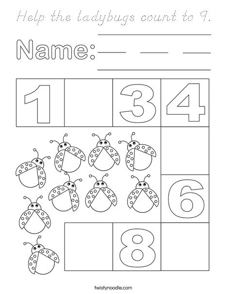 Help the ladybugs count to nine. Coloring Page