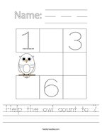 Help the owl count to 7 Handwriting Sheet