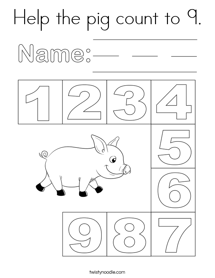 Help the pig count to 9. Coloring Page