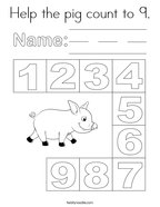 Help the pig count to 9 Coloring Page