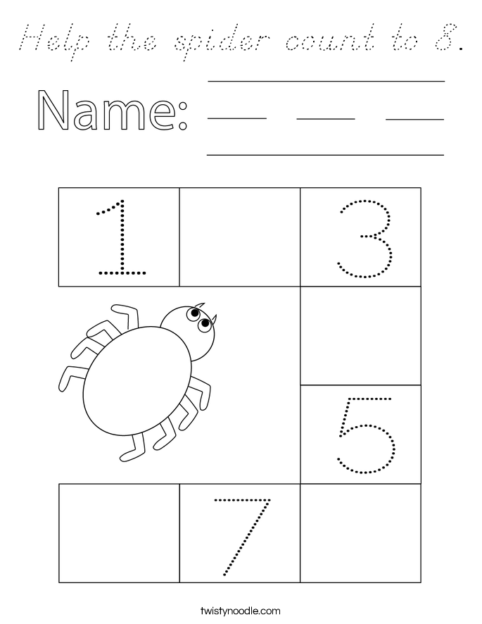 Help the spider count to 8. Coloring Page
